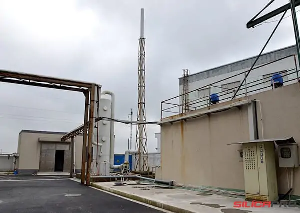 Exhaust gas treatment tower and stack at the high silica fabric factory
