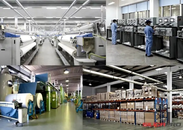 Four views of the SilicaPro high silica fabric plant covering weaving, coating and warehousing